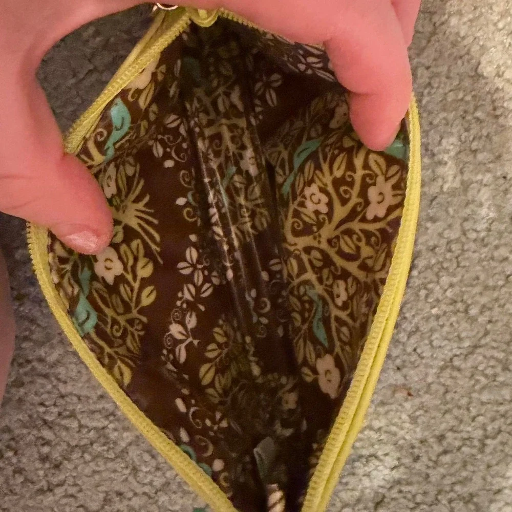 Vera‎ Bradley Cosmetic Pouch Brown Yellow Small Bird Print Boho Travel Bag